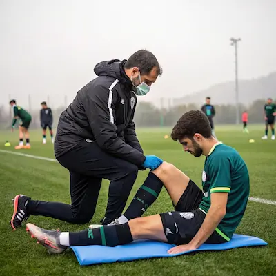Imagen de profesional ejerciendo fisioterapia deportiva con un paciente en un campo de fútbol en Badajoz